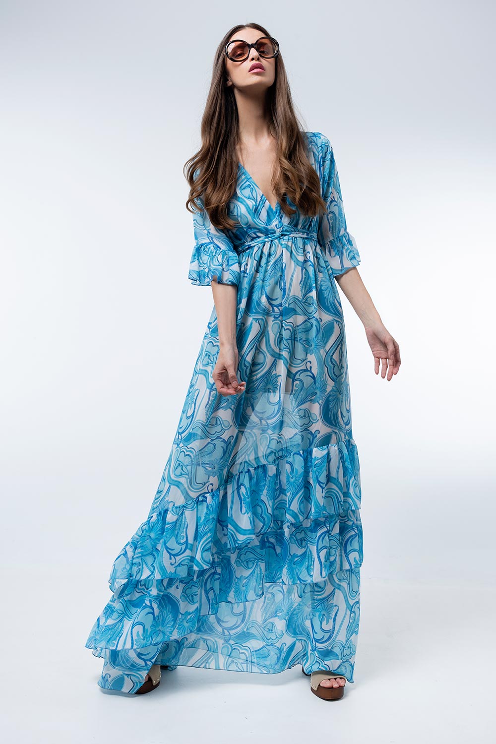 HORIZON BLUE MAXI DRESS WITH RUFFLES